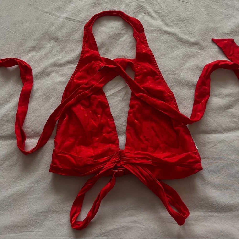 For Love and Lemons Gabriella Silk Dot Red Tie Halter Top